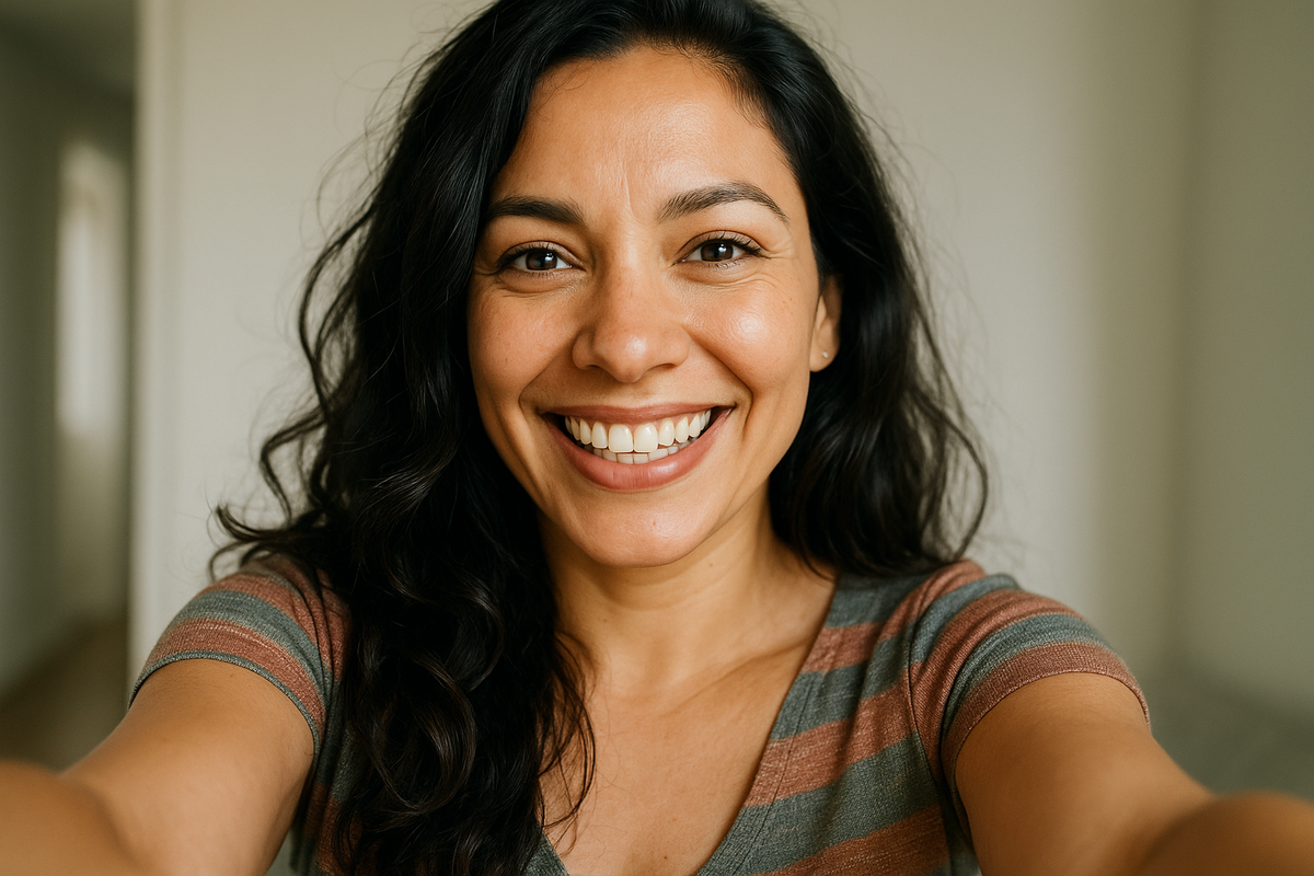 34 year old latina woman looking happy selfie